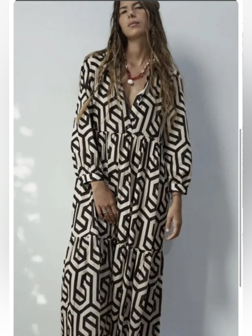 Zara Sz S Geometric Print Karen
Midi Tunic Tiered Dress Black & Ecru